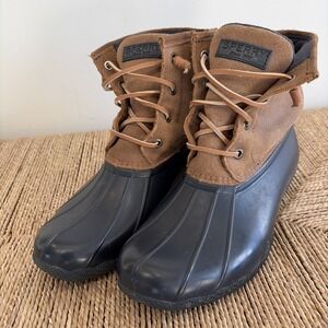Sperry Saltwater Duck Boots Brown‎ Leather Zip Navy Blue Sz 8 Gorpcore Outdoors